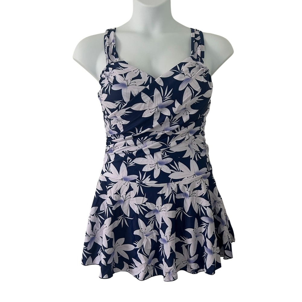 Women's Navy Purple Floral Tropical One-Piece Swim Dress Shorts Padded XL NWOT